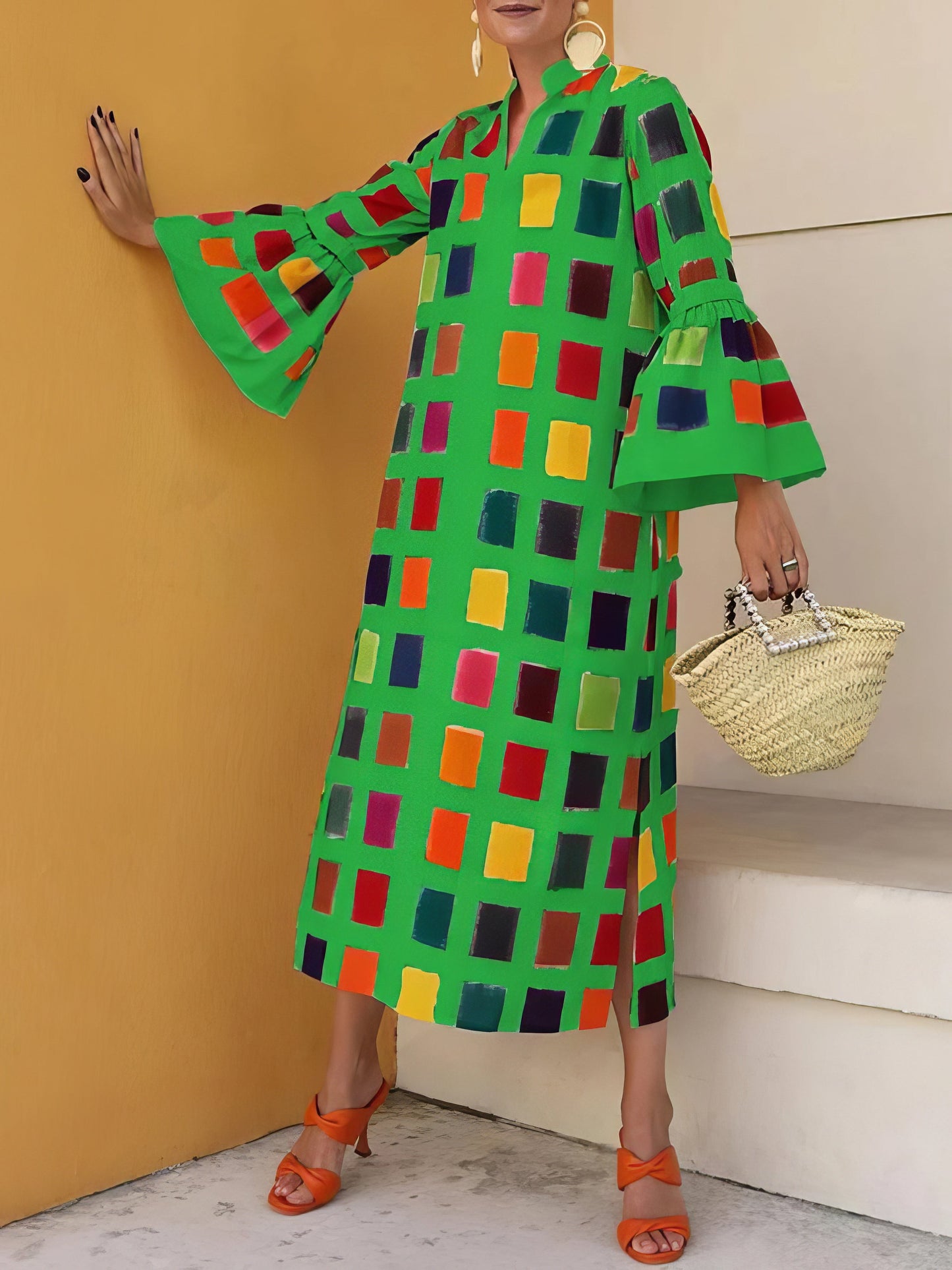 Dresses Multicolor Plaid Flared Long Sleeve Dress - LuckyFash™