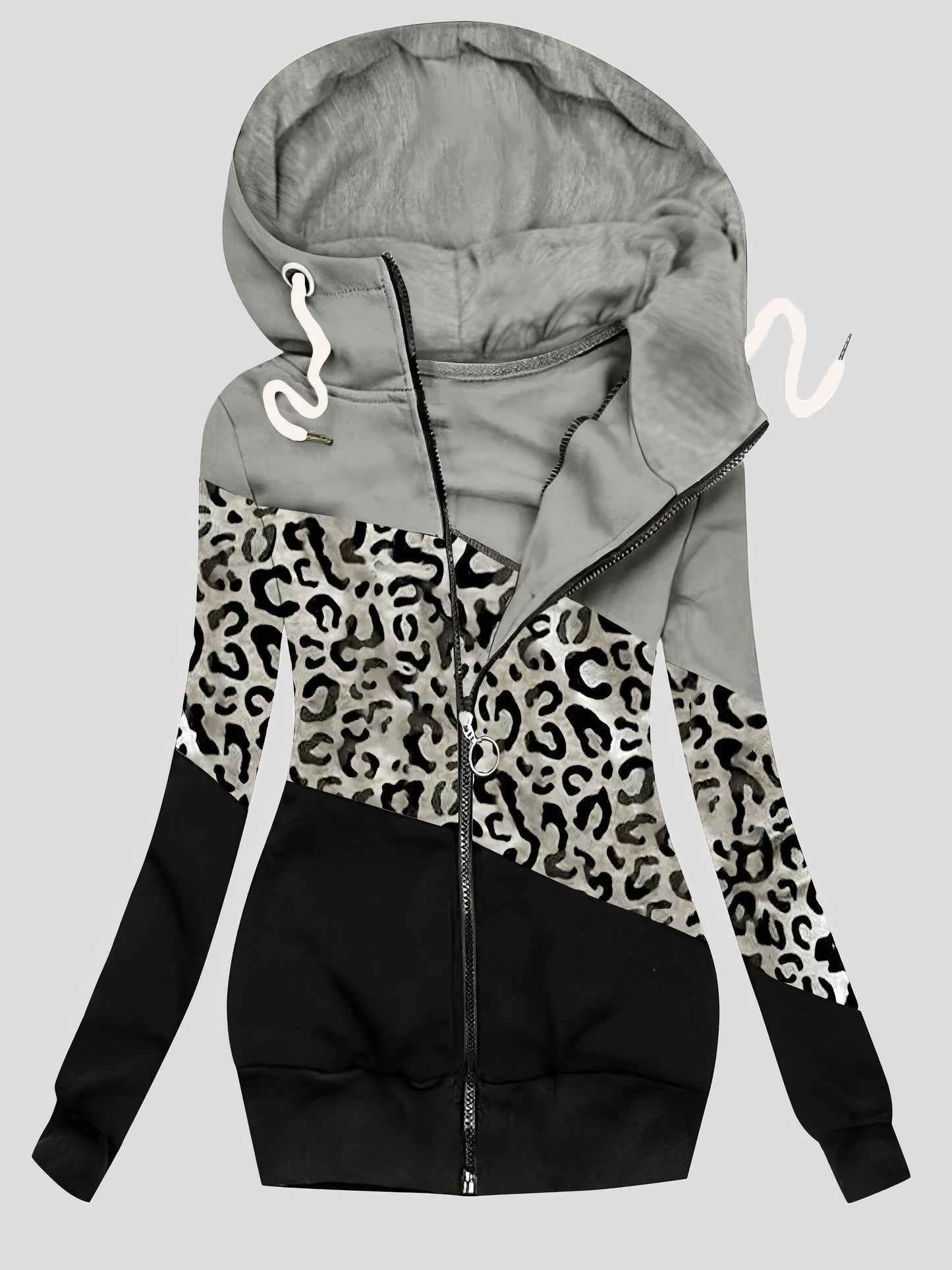 Coats Three-Color Leopard Print Zip Drawstring Hooded Coat - LuckyFash™