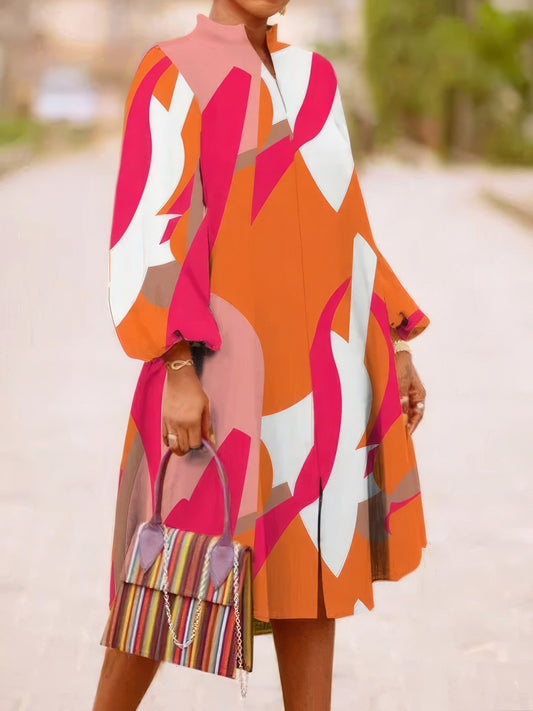 Dresses Loose Multicolor Printed Long Sleeve Dress - LuckyFash™