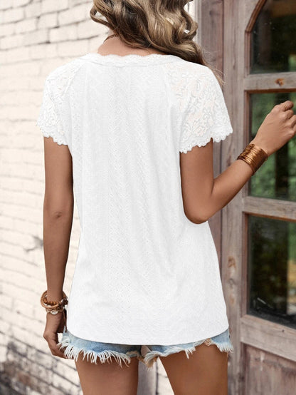 T-Shirts V-Neck Stitching Lace Loose Short-Sleeved T-Shirt - LuckyFash™