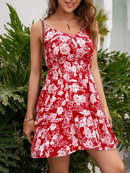 A Line Floral Print V-neck Strap Dress - LuckyFash™