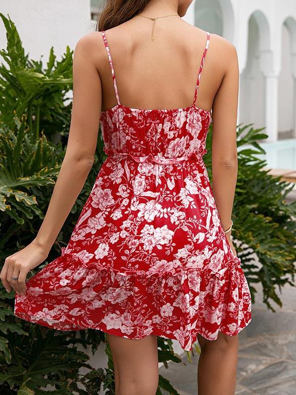 A Line Floral Print V-neck Strap Dress - LuckyFash™