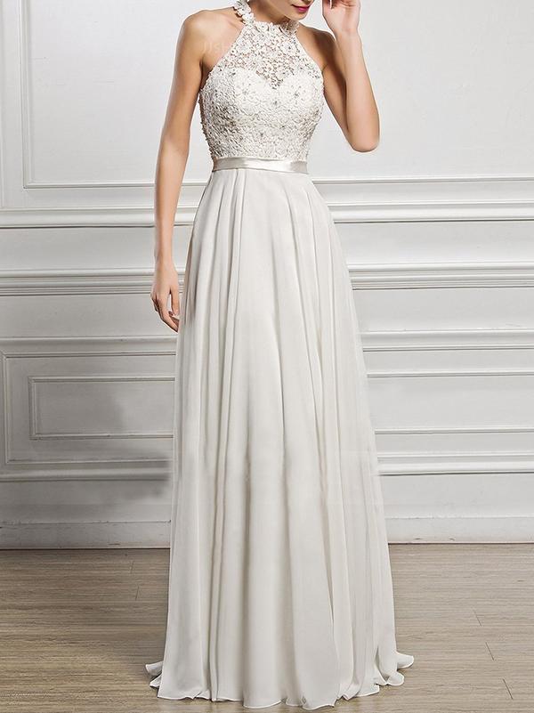 A-Line Scoop Neck Floor-Length Chiffon Lace Bridesmaid Dress With Split Front - LuckyFash™