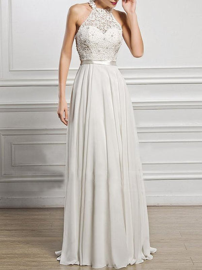 A-Line Scoop Neck Floor-Length Chiffon Lace Bridesmaid Dress With Split Front - LuckyFash™