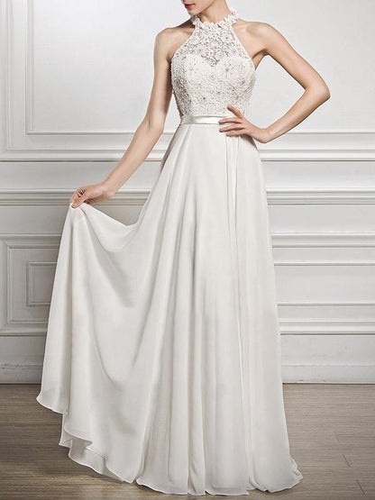 A-Line Scoop Neck Floor-Length Chiffon Lace Bridesmaid Dress With Split Front - LuckyFash™