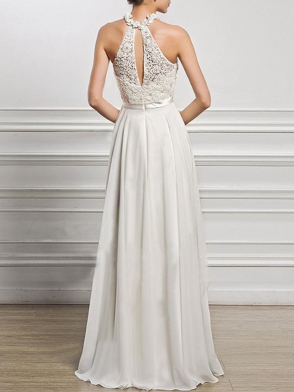 A-Line Scoop Neck Floor-Length Chiffon Lace Bridesmaid Dress With Split Front - LuckyFash™