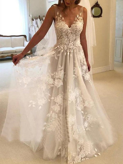 A-Line/Princess Sweep/Brush Train V-neck Sleeveless Applique Tulle Wedding Dresses - LuckyFash™