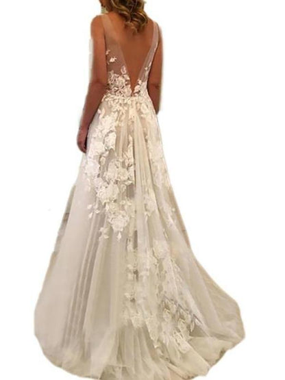 A-Line/Princess Sweep/Brush Train V-neck Sleeveless Applique Tulle Wedding Dresses - LuckyFash™