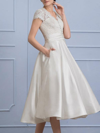 A-Line/Princess V-neck Tea-Length Satin Wedding Dress With Ruffle Pockets - LuckyFash™