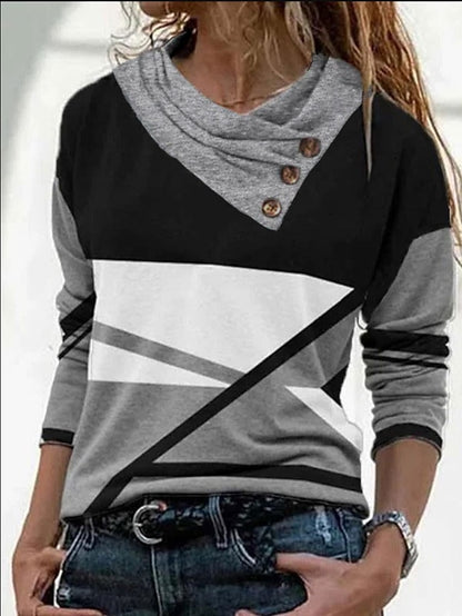 Women's Blouse Black Fuchsia Gray Color Block Button Print Long Sleeve Casual Weekend Basic V Neck Regular S - LuckyFash™