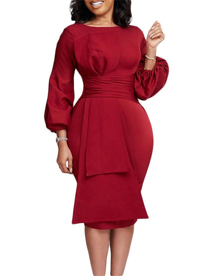 Women's Work Dress Sheath Dress Church Dress Midi Dress Black White Red Long Sleeve Pure Color Ruffle Winter Fall Spring Crew Neck Fashion 2023 S M L XL 2XL 3XL - LuckyFash™