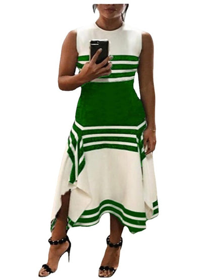 Women's Work Dress Midi Dress White collar stripes Black collar stripes Green Short Sleeve Color Block Print Spring Summer Crew Neck S M L XL XXL XXXL - LuckyFash™