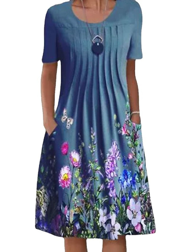 Women's Casual Dress Floral Dress Midi Dress Blue Purple Green Short Sleeve Floral Ruched Summer Spring Crew Neck Basic 2023 S M L XL XXL - LuckyFash™