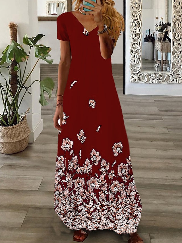 Women's Long Dress Maxi Dress Casual Dress Print Dress Graphic Fashion Modern Daily Holiday Vacation Print Short Sleeve V Neck Dress Regular Fit Black White Pink Summer Spring XS S M L XL - LuckyFash™