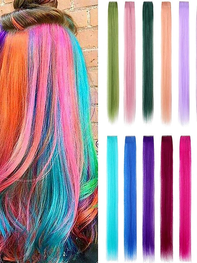 24 Pieces 20inch Colored Clip in Hair Extensions Rainbow Straight Highlight Hairpieces Multicoloured Hair Extension Clip In Hair Piece Hair Pad - LuckyFash™