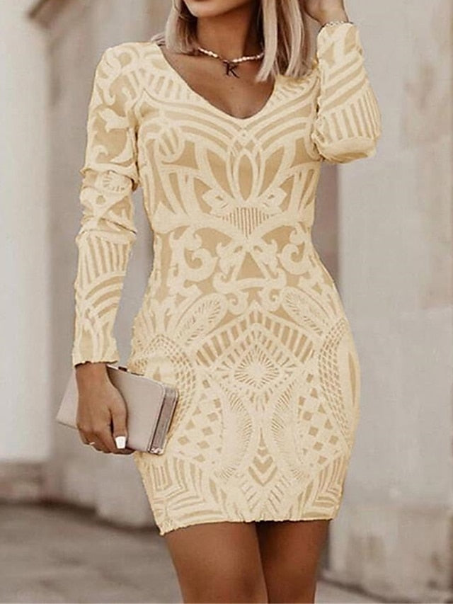 Women's Work Dress Sheath Dress Semi Formal Dress Fashion Mini Dress Print V Neck Long Sleeve Floral Geometric Regular Fit Black White Wine Fall Winter S M L XL XXL - LuckyFash™