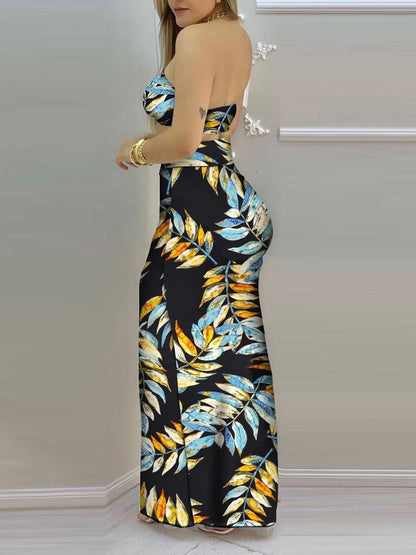 All Over Print Bandeau Crop Top & Drawstring High Slit Skirt Sets - LuckyFash™