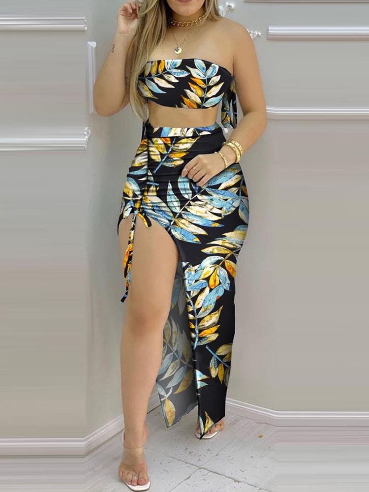 All Over Print Bandeau Crop Top & Drawstring High Slit Skirt Sets - LuckyFash™