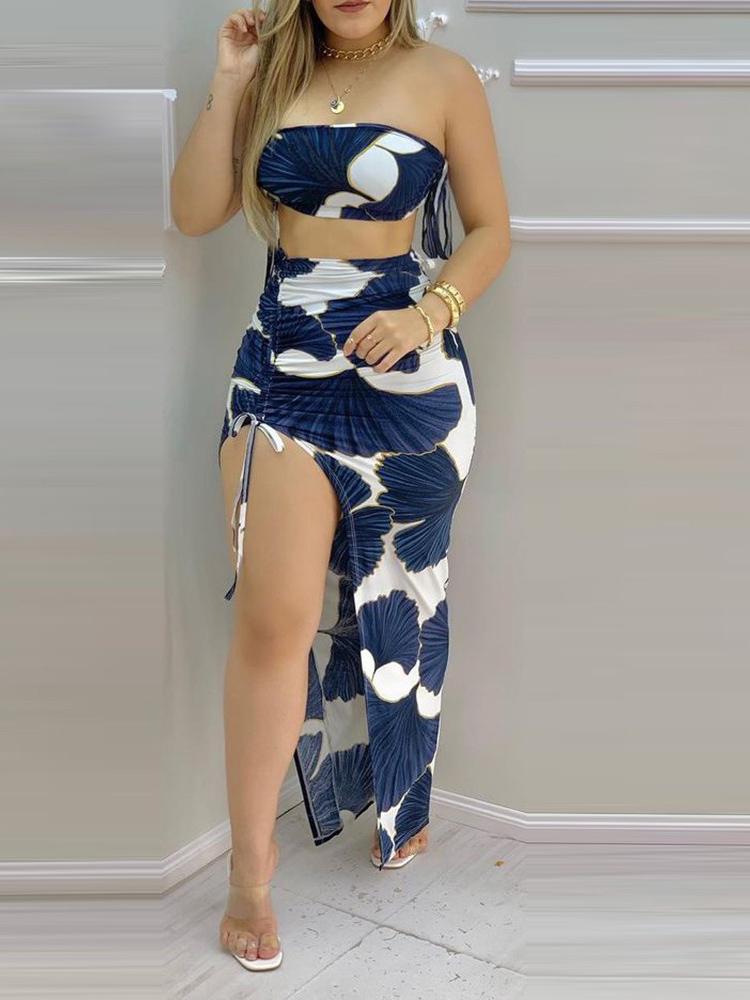 All Over Print Bandeau Crop Top & Drawstring High Slit Skirt Sets - LuckyFash™