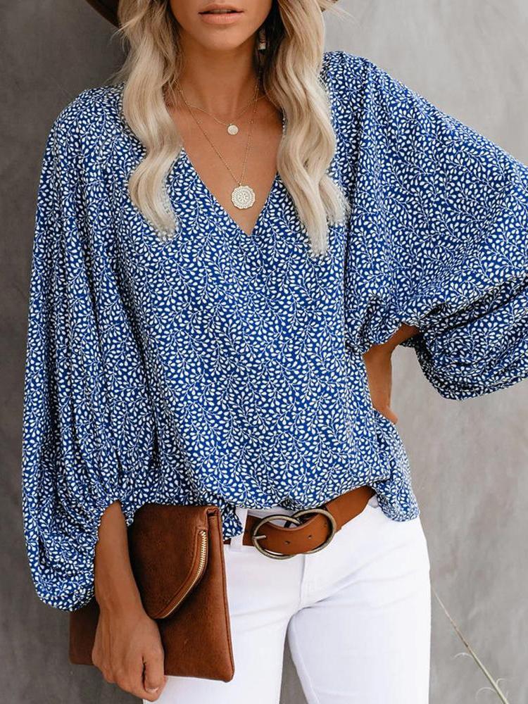 All Over Print Surplice Neck Lantern Sleeve Blouse - LuckyFash™