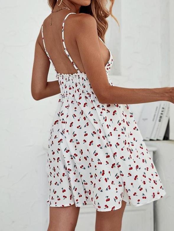 Allover Cherry Print Shirred Waist Cami Dress - LuckyFash™