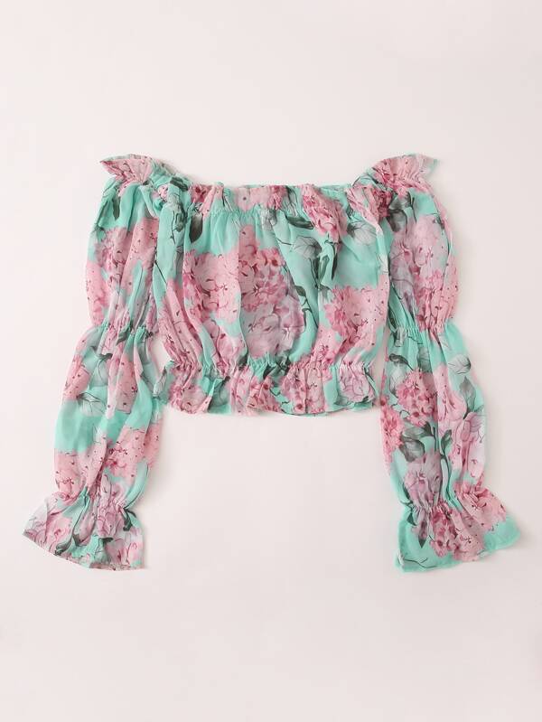 Allover Floral Frill Bardot Crop Blouse - LuckyFash™