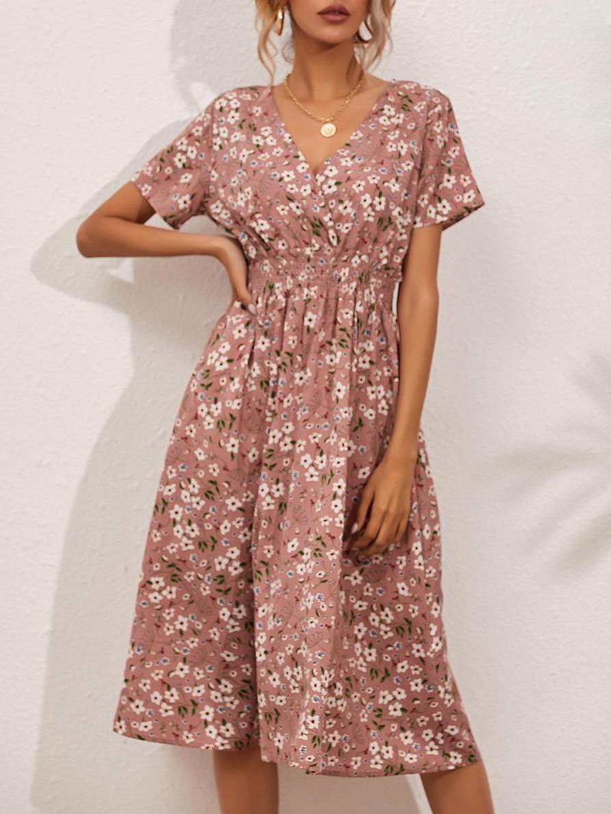 Allover Floral Shirred Wrap Dress - LuckyFash™