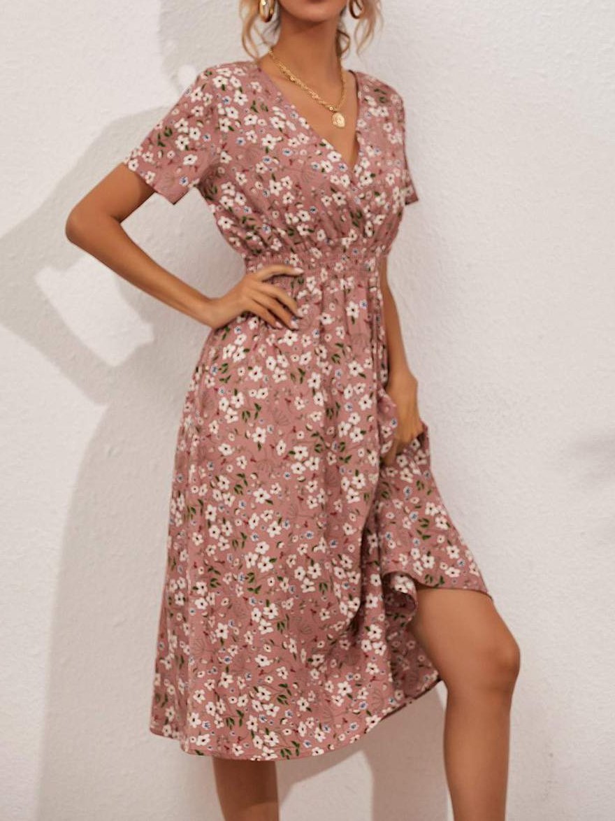 Allover Floral Shirred Wrap Dress - LuckyFash™