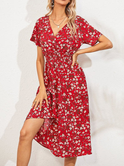 Allover Floral Shirred Wrap Dress - LuckyFash™