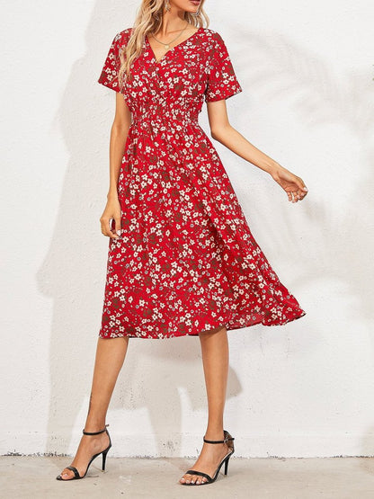 Allover Floral Shirred Wrap Dress - LuckyFash™