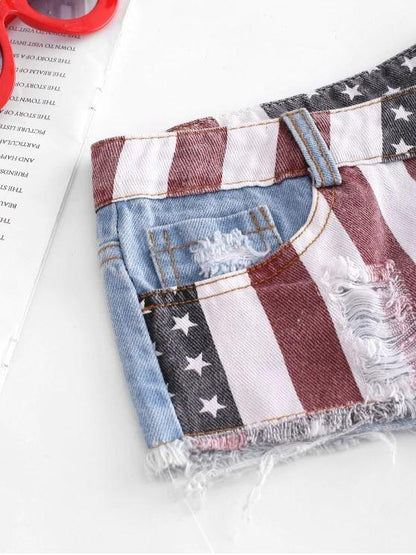 American Flag Frayed Ripped Mini Denim Shorts - LuckyFash™