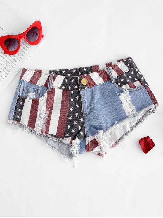 American Flag Frayed Ripped Mini Denim Shorts - LuckyFash™