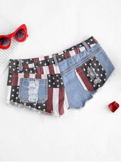 American Flag Frayed Ripped Mini Denim Shorts - LuckyFash™