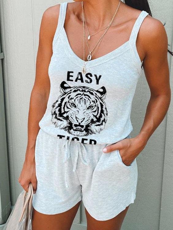 Animal Print Sleeveless Elastic Belt Jumpsuit - LuckyFash™