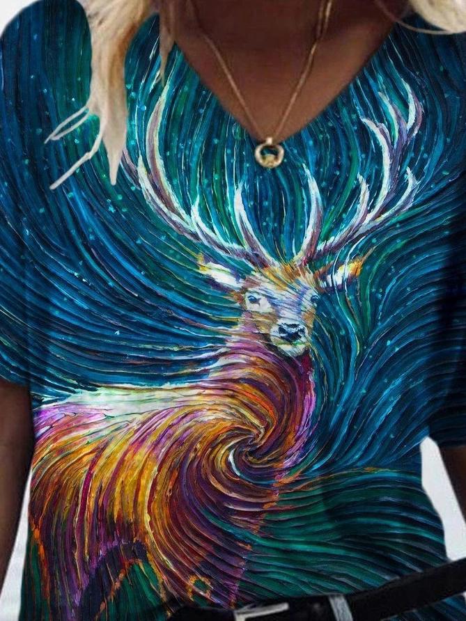 Animal Printed V-neck Short-sleeved T-shirt - LuckyFash™