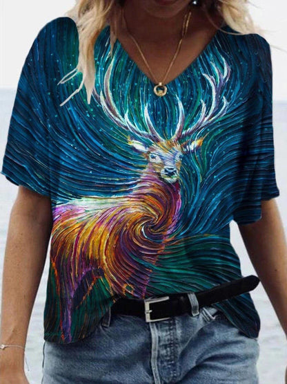 Animal Printed V-neck Short-sleeved T-shirt - LuckyFash™