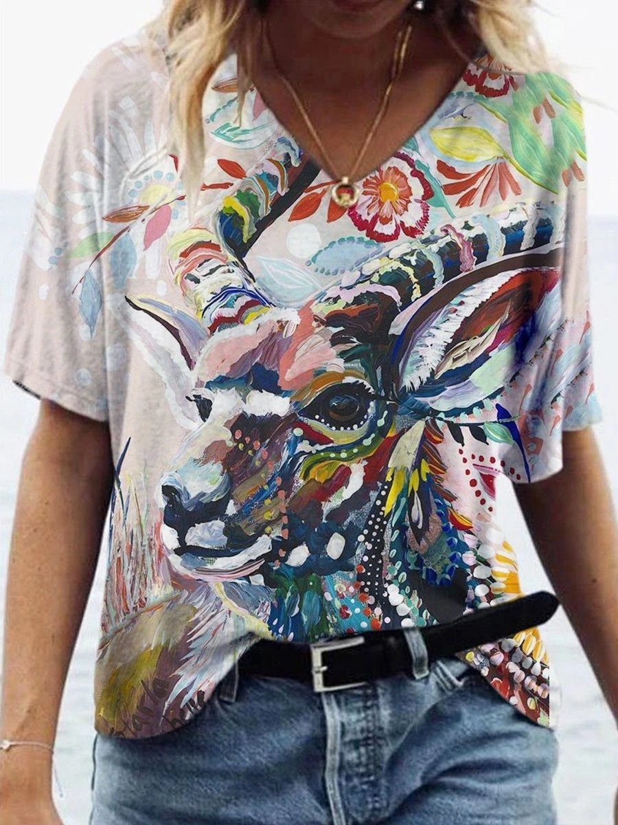 Animal Printed V-neck Short-sleeved T-shirt - LuckyFash™