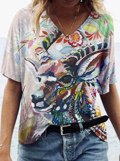 Animal Printed V-neck Short-sleeved T-shirt - LuckyFash™