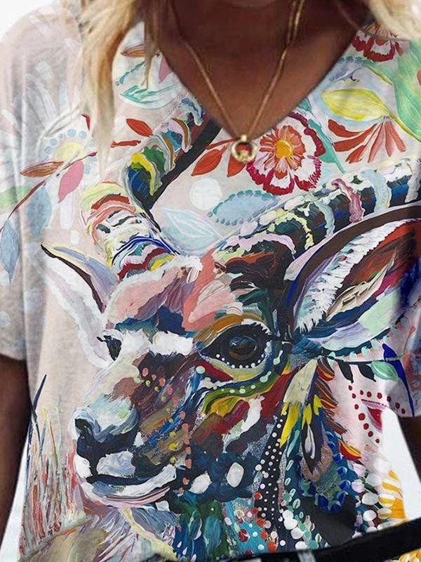 Animal Printed V-neck Short-sleeved T-shirt - LuckyFash™