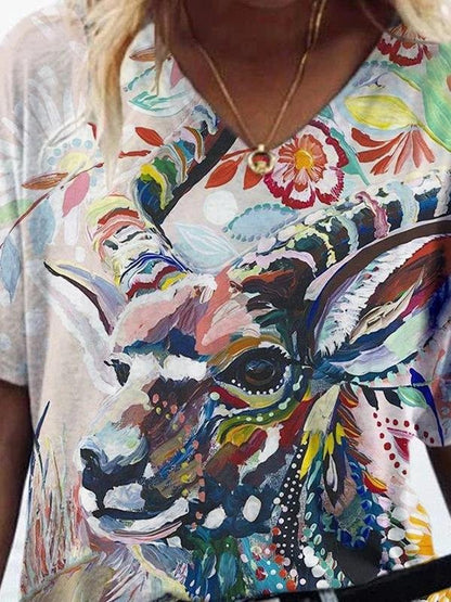 Animal Printed V-neck Short-sleeved T-shirt - LuckyFash™