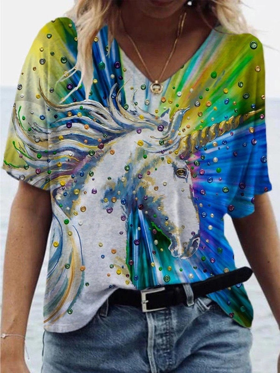 Animal Printed V-neck Short-sleeved T-shirt - LuckyFash™