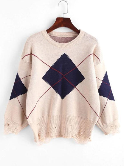 Argyle Distressed Drop Shoulder Sweater - LuckyFash™