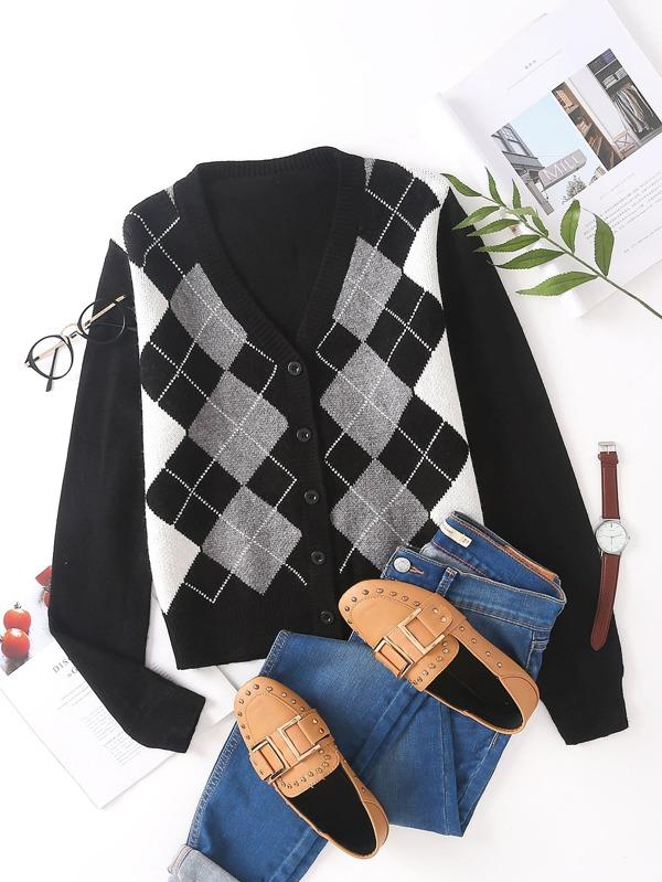 Argyle Graphic Button Up Cardigan - LuckyFash™