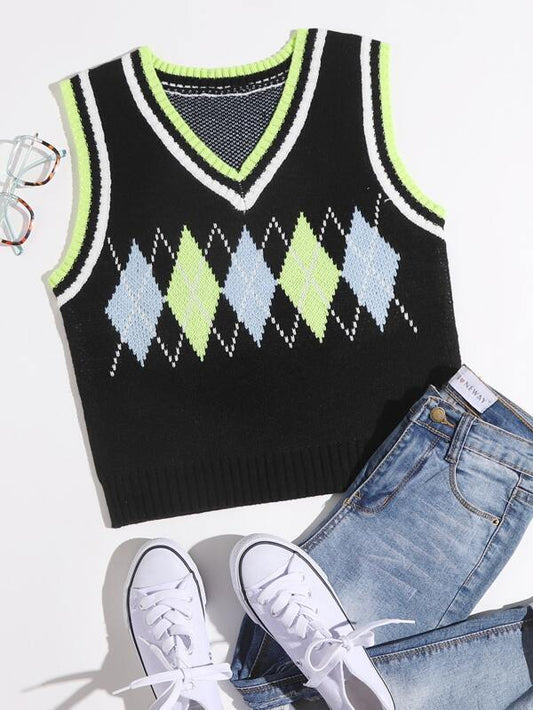 Argyle & Striped Pattern Knit Top - LuckyFash™