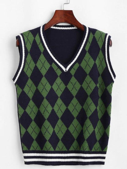 Argyle Striped Trim Sweater Vest - LuckyFash™