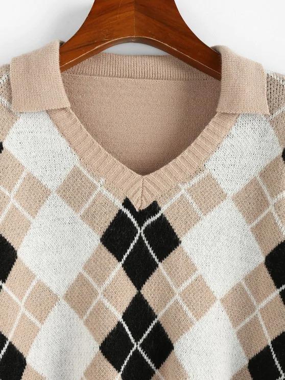 Argyle V Notch Crop Sweater - LuckyFash™