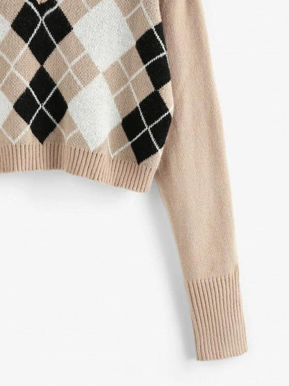 Argyle V Notch Crop Sweater - LuckyFash™