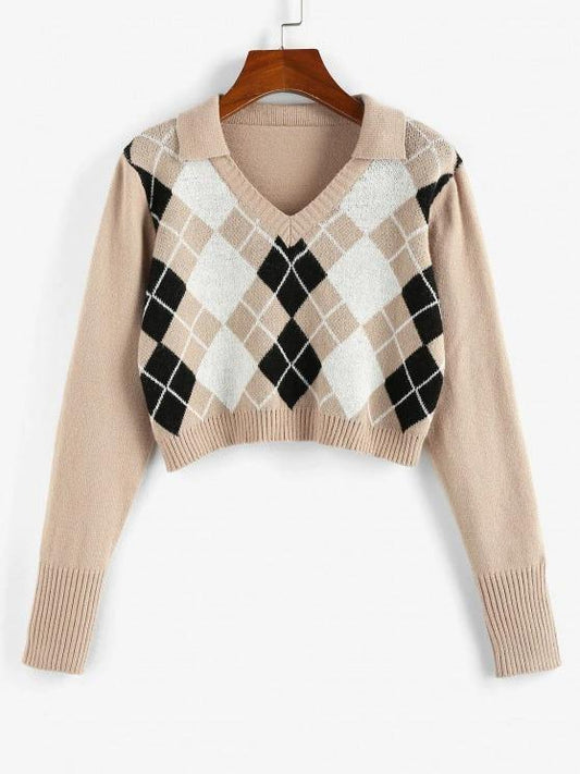 Argyle V Notch Crop Sweater - LuckyFash™