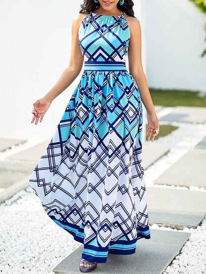 Asymmetric Neck Geometric Print Sleeveless Maxi Dress - LuckyFash™