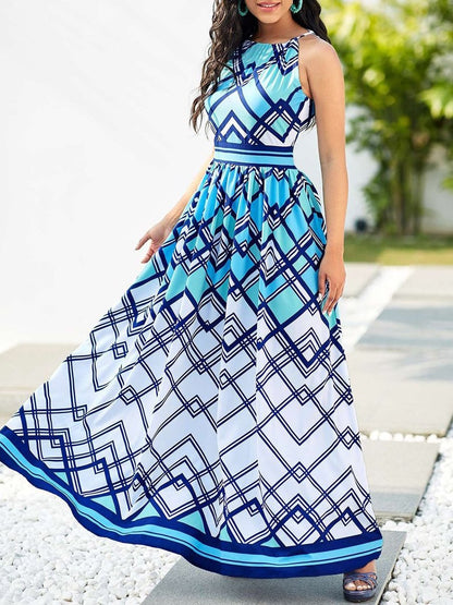 Asymmetric Neck Geometric Print Sleeveless Maxi Dress - LuckyFash™